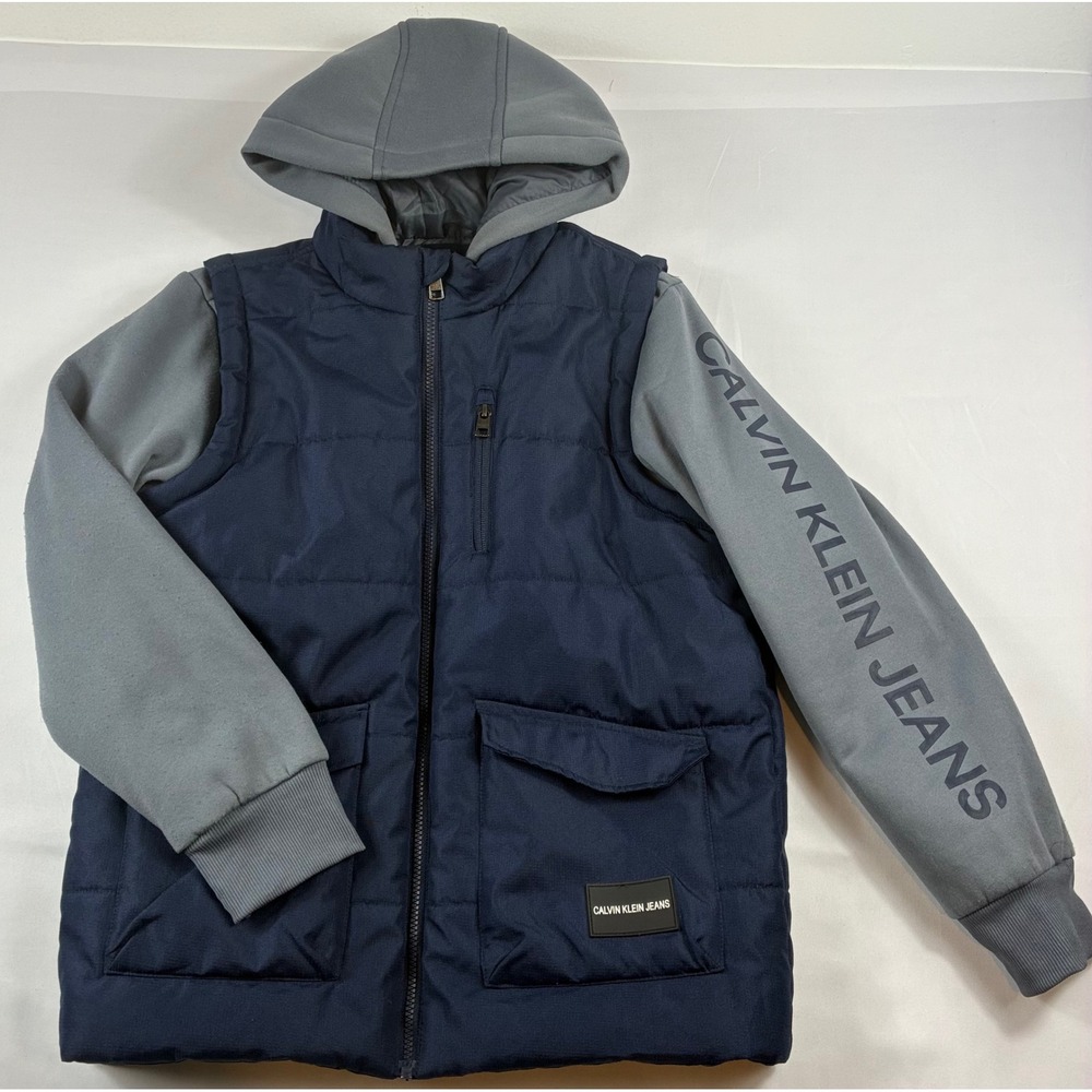 Calvin Klein Jeans Puffer Jacket Boys XL 18/20 Blue Grey Hooded Logo Coat Good